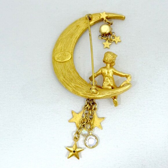 Vintage Kirk's Folly Crescent Moon Brooch With Cherub & Dangling Stars - Picture 6 of 8